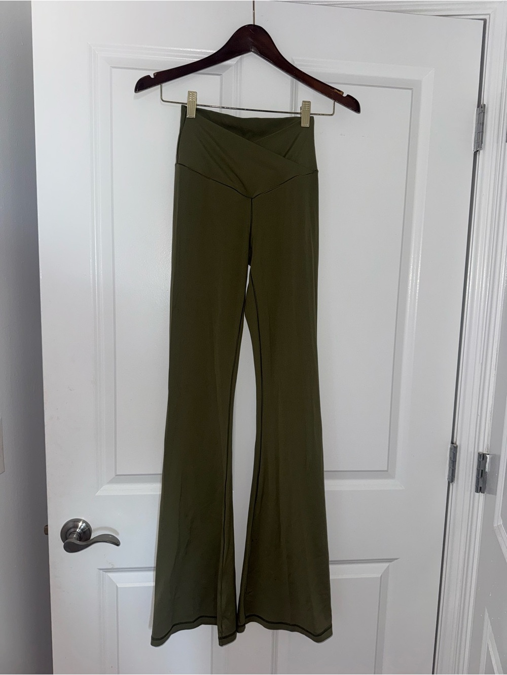 aerie Olive Green High-Waisted Flare Pants with Crossover Waistband